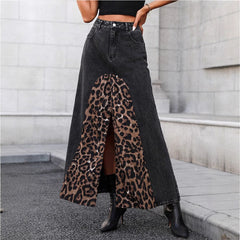 Women Clothing Fall Street All Match Leopard Print Denim Skirt