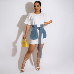 Women Clothing Denim Stitching Dress Summer Sexy Tight Waist Popular Clothes