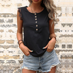 Summer Solid Color Casual Top Lace Stitching Loose Black Vest for Women