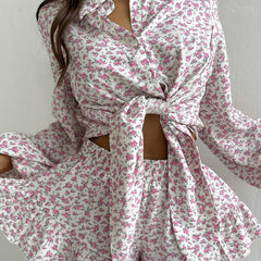 Floral Women Clothing Long Sleeve Collared Shirt Ruffled Shorts Two Piece Set