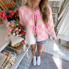 Winter Sweater Plaid Contrast Color Lace up Cardigan Women Knitted Blouse