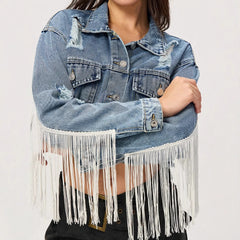 Women Clothing Personalized Street Short Tassel Ripped Denim Coat