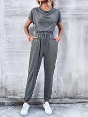 Women Clothing Short Sleeved Casual Wide Leg Jumpsuit