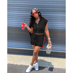 Women Clothing Casual Hooded Lace up Zipper Pocket Sports Two Piece Set