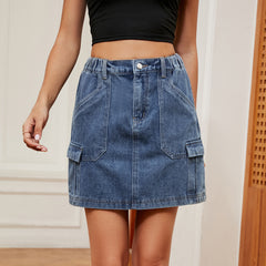 Women Clothing Washed Elastic Waist Cargo Pocket Denim Skirt