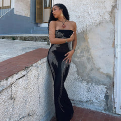 Autumn Elegant Slim Angel Wings Slimming Rhinestone Tube Top Dress Women