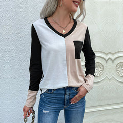Women Clothing Loose Top Pullover Long Sleeve V neck Patchwork T shirt