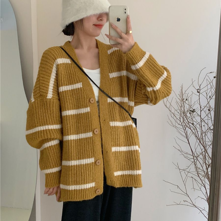 Lazy Contrast Color Striped Knitted Cardigan for Women Autumn Winter Retro V neck Loose Slimming Sweater Tide