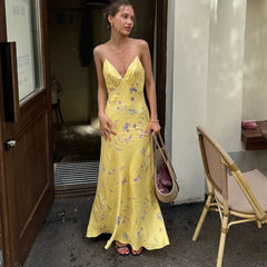 Sexy Deep V Plunge Printed Dress Women Sleeveless Cold Shoulder High Waist Long Suspender Dress