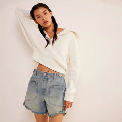 Summer Casual Ordinary Washed Frayed Hem All Matching Women Denim Shorts