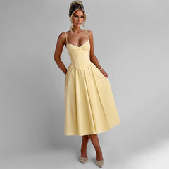 Fashionable Waist Strap Dress Spring Slim Fit Solid Color V neck Maxi Dress for Women
