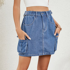 Women Summer Washed Adjustable Waist Denim Skirt Skirt