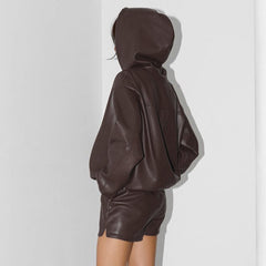 Spring Hooded Leather Sweater Women Shorts Suit Street Trend Women Clothing Two Piece Set