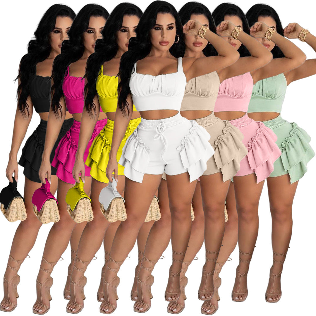 Women Clothing Nightclub Uniforms Solid Color Stringy Selvedge Strap Vest Shorts Two-Piece Set